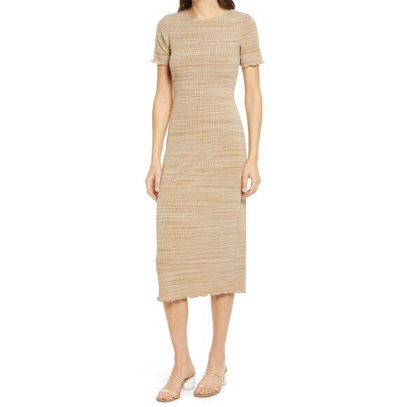 Reformation Perry Rib Midi Dress Bodycon Short Sleeve Toffee Tan Womens Size XS - Picture 1 of 8
